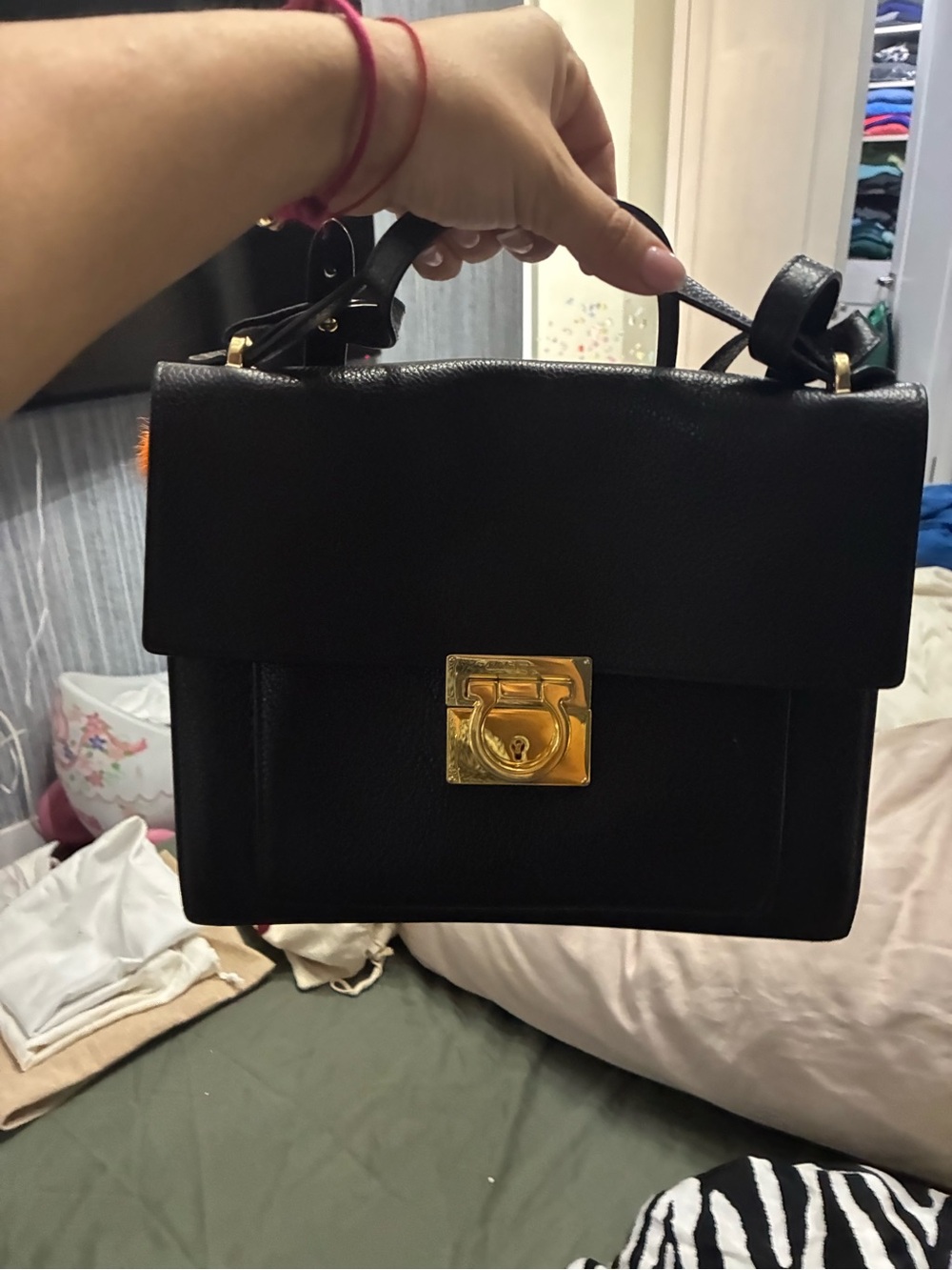 Salvatore Ferragamo Black Leather Top-Handle Satchel with Gold Hardware - Picture 4 of 4